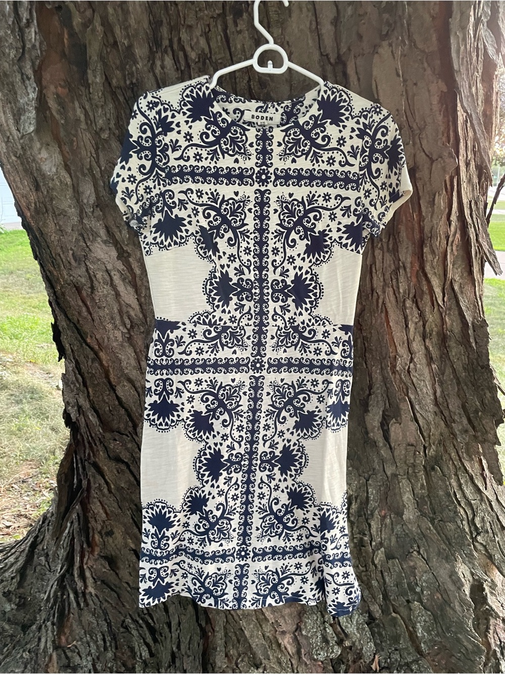 Boden Ivory and Navy Blue Printed Mini Dress